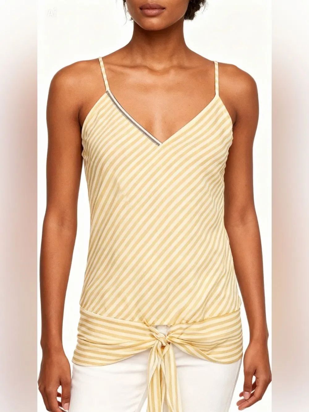NWT Gold Hawk Silk Waist Tie Cami Yellow/White Striped XS
